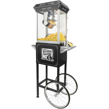 Funtime 4 oz Full-Size Hot Oil Popcorn Maker Machine with Cart, Black and Silver