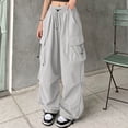 thumbnail image 2 of WULMLEO Women's Drawstring Elastic Waist Loose Pants Casual Flap Pocket Cargo Pants Trousers Light Gray L, 2 of 5
