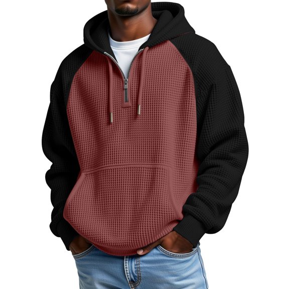 KHONTS Men's Quarter Zip Hoodies Drawstring Waffle Knit Hooded Sweatshirt Casual Long Sleeve Pullover Tops with Pocket Red XL