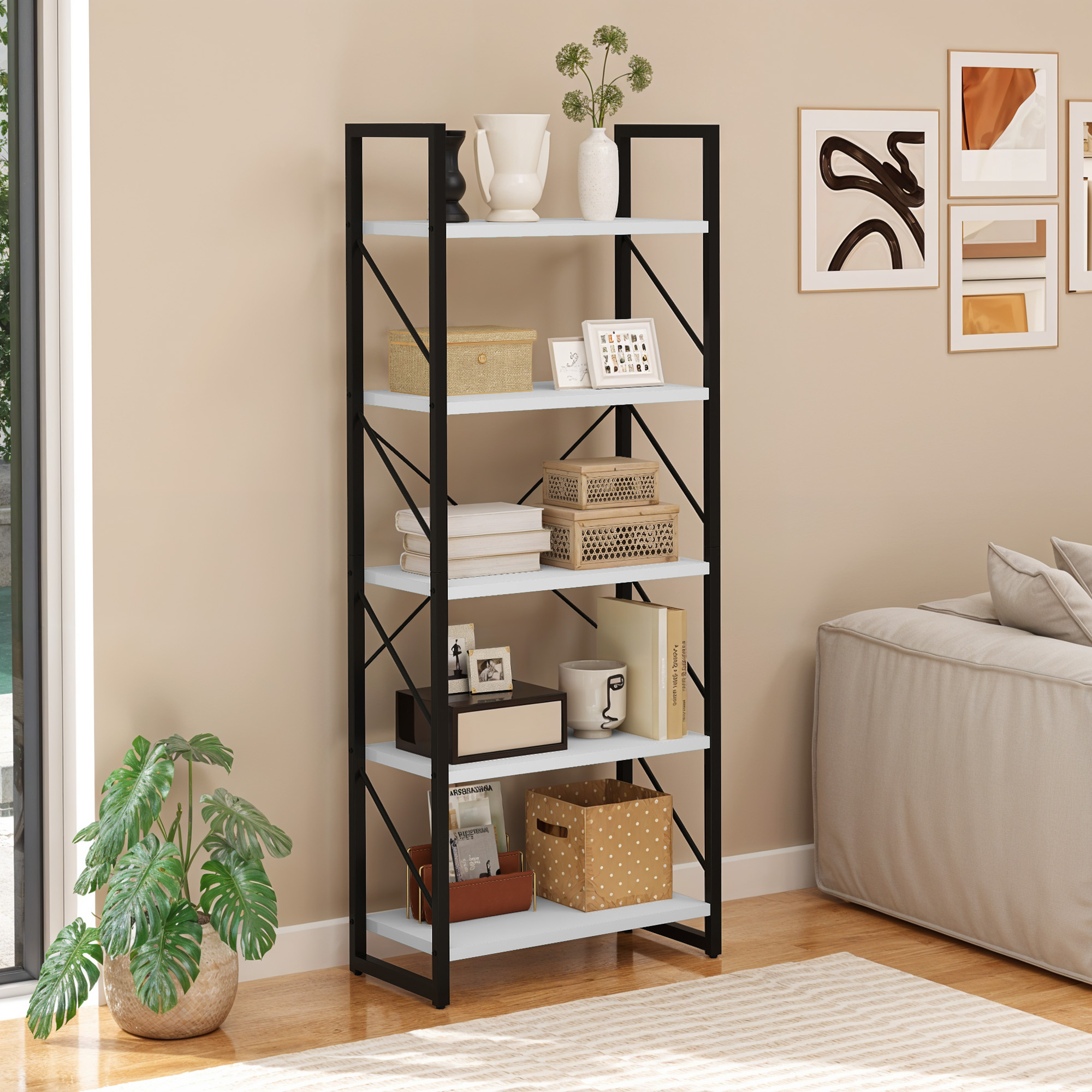 Uforic 5 Tier Bookshelf, Classically Home Office Bookcase Shelf Storage Organizer, Book Rack, White