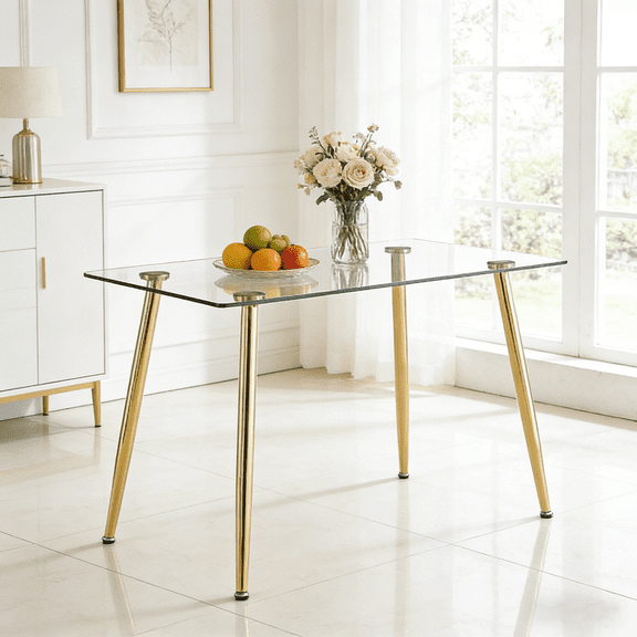 StnTalk 51" Minimalist Glass Dining Table, Modern Tempered Glass Top Kitchen Table with Gold Metal Legs, Space-Saving Desk for Small Spaces, Apartment & Home Office