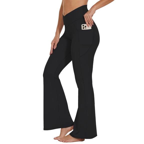 Flare Crossover Leggings with Pockets High Waisted Yoga Pants Black XS