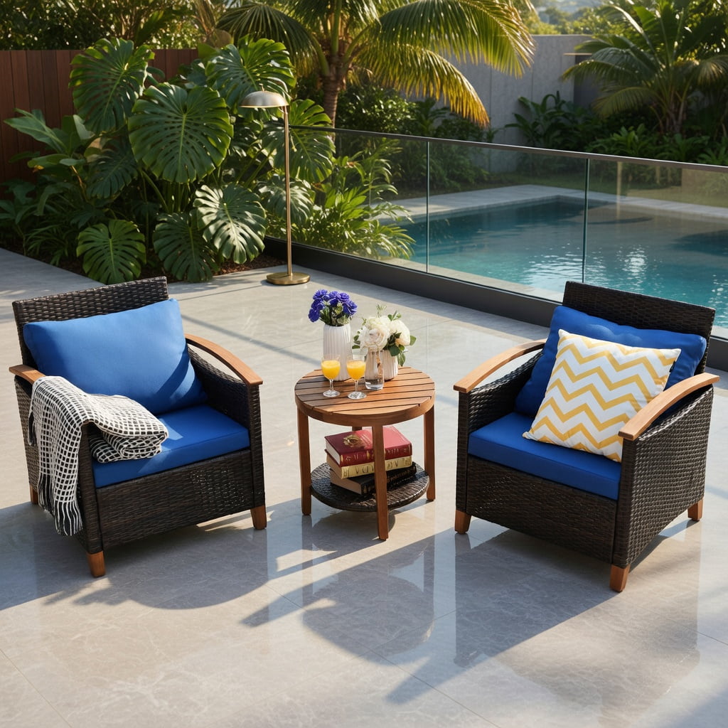 Hommoo 3-Piece Outdoor Rattan Patio Furniture Set with Washable Blue Cushions, Acacia Wood Coffee Table, Blue