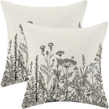 

Black White Gray Pillow Covers 16x16 Inch Set of 2 Spring Wildflower Plant Throw Pillows Case Seasonal Floral Outdoor Decorative Flowers Farmhouse Decor Cushion Covers for Home Sofa Bed Couch