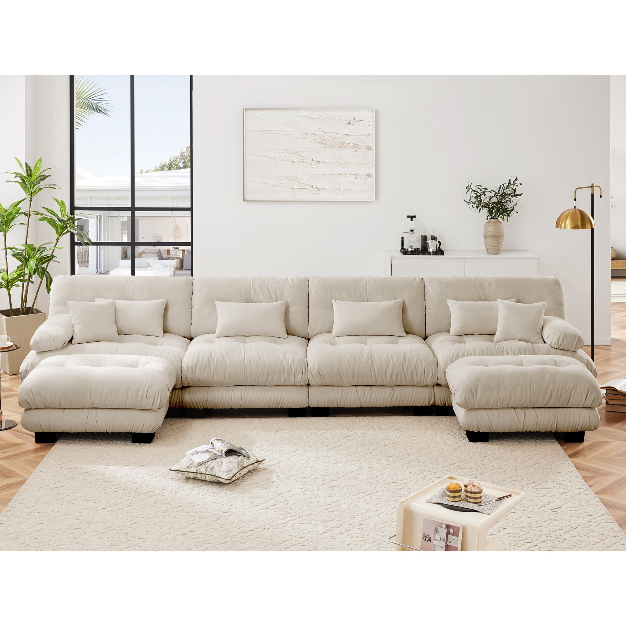 Gewnee White Chenille Cloud Couch 2 Seater Sofa for Living Room, Chenille 2 - Seat sofa with 2 Lumbar pillows and 2 throw pillows,