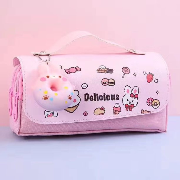Estuche para lápices Donuts, lindo portalápices de dibujos animados, estuche para lápices de gran capacidad, estuche para lápices estético, estuche para lápices de tres capas, color azul Sakura