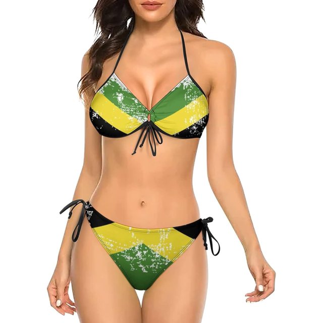 NICKSUN Women's Jamaica Flag Print Bikini Set, 2 Piece Swimsuits String Halter Triangle Bathing Suits