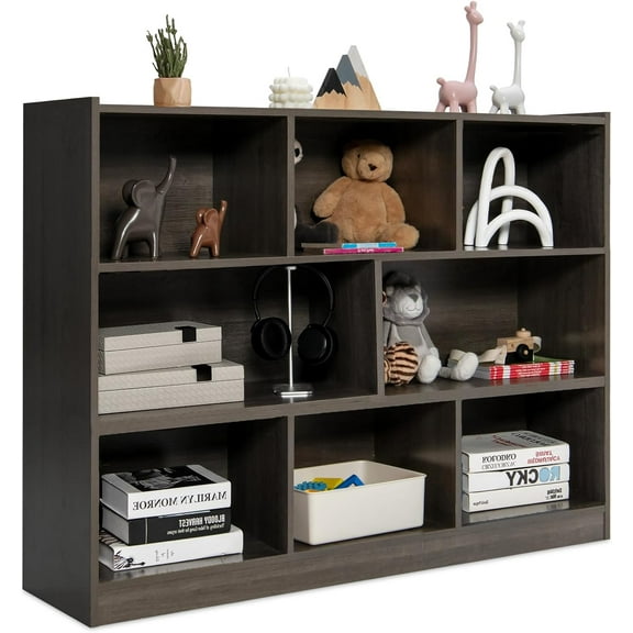 8 Cubes Organizer Bookcase, 3-Tier Open Bookshelf, Horizontal Storage Cabinet with Anti-Tilt Device, Floor Standing Wooden Book Display Shelves for Bedroom, Classroom, Office (Grey)