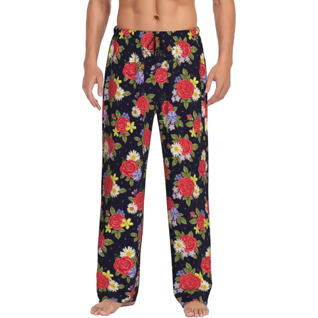 Balery Red Rose Flower Pantalones de pijama para hombre, pijama ultraligero, pantalón de descanso-Large