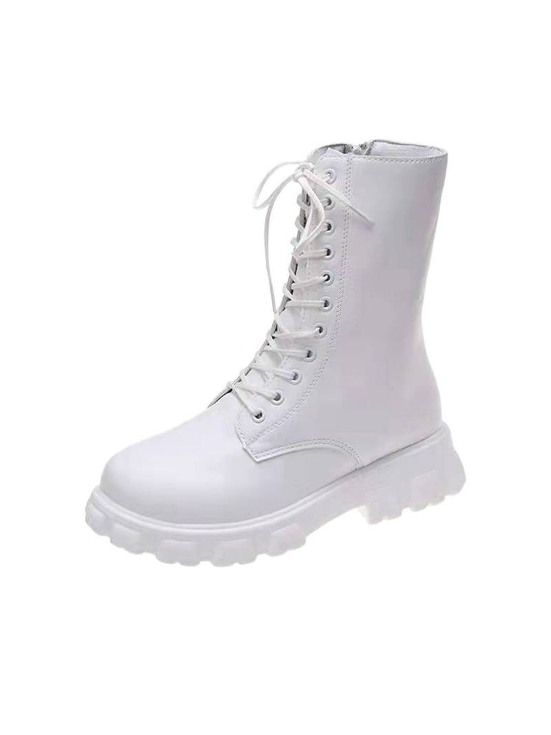 White Chunky Military Lace Up Boots Gomelly Women Comfort
