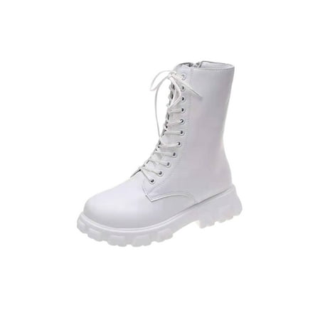 

Kesitin Women Lace-Up Boots Fashion Mid Calf Combat Boots White 7