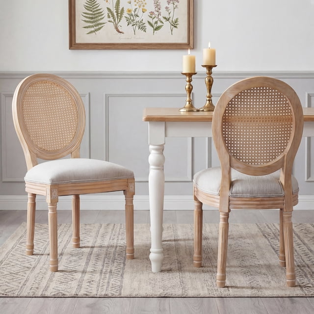 Noble House French Country Dining Chair Set of 2,Rectangular Cane Backrest,Beige