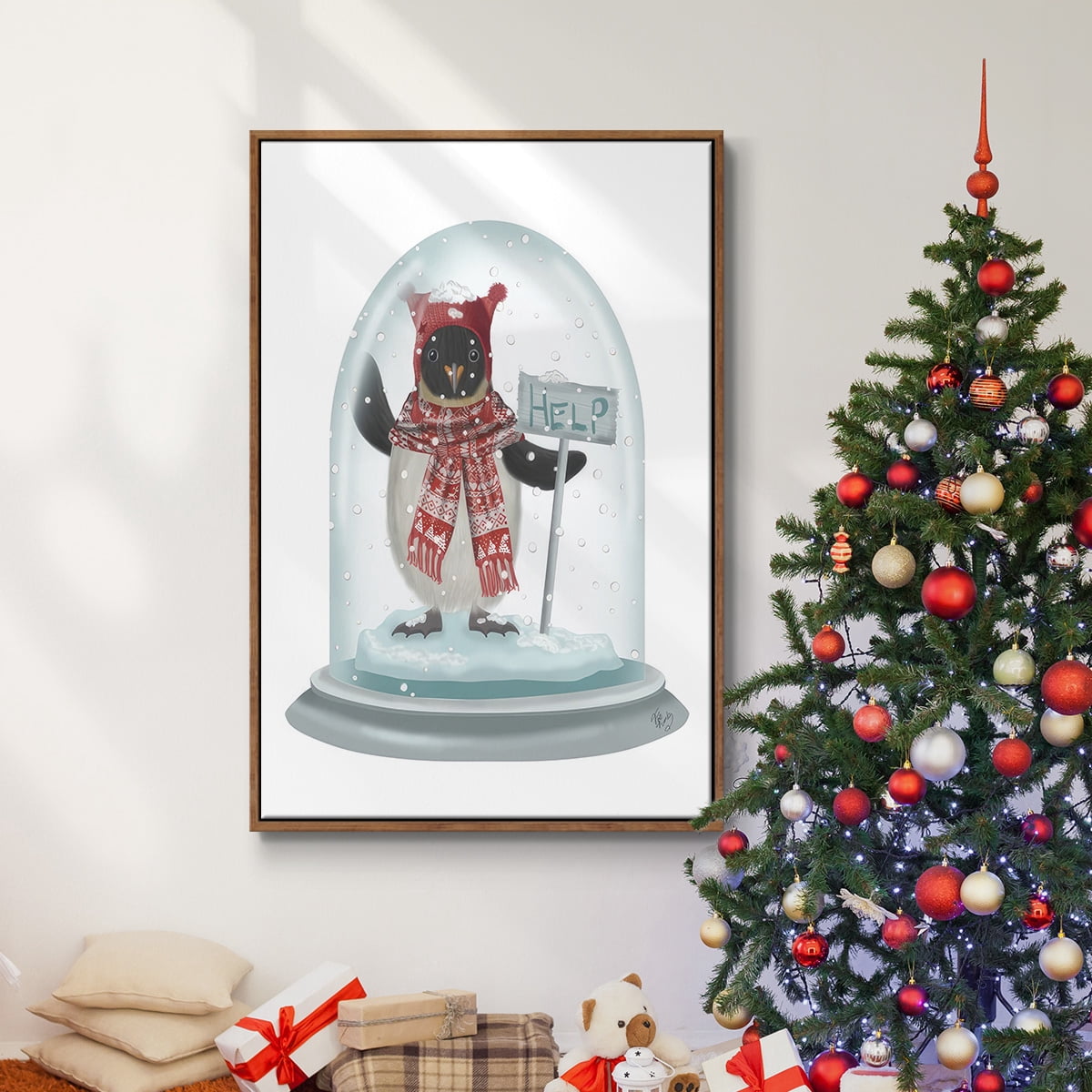 Christmas Penguin Snow Globe - Framed Gallery Wrapped Holiday Canvas - 27 x 41 - Rosewood Frame