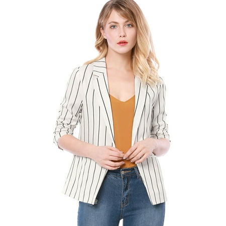 Unique Bargains - Women Long Sleeve Notched Lapel Open Front Striped ...