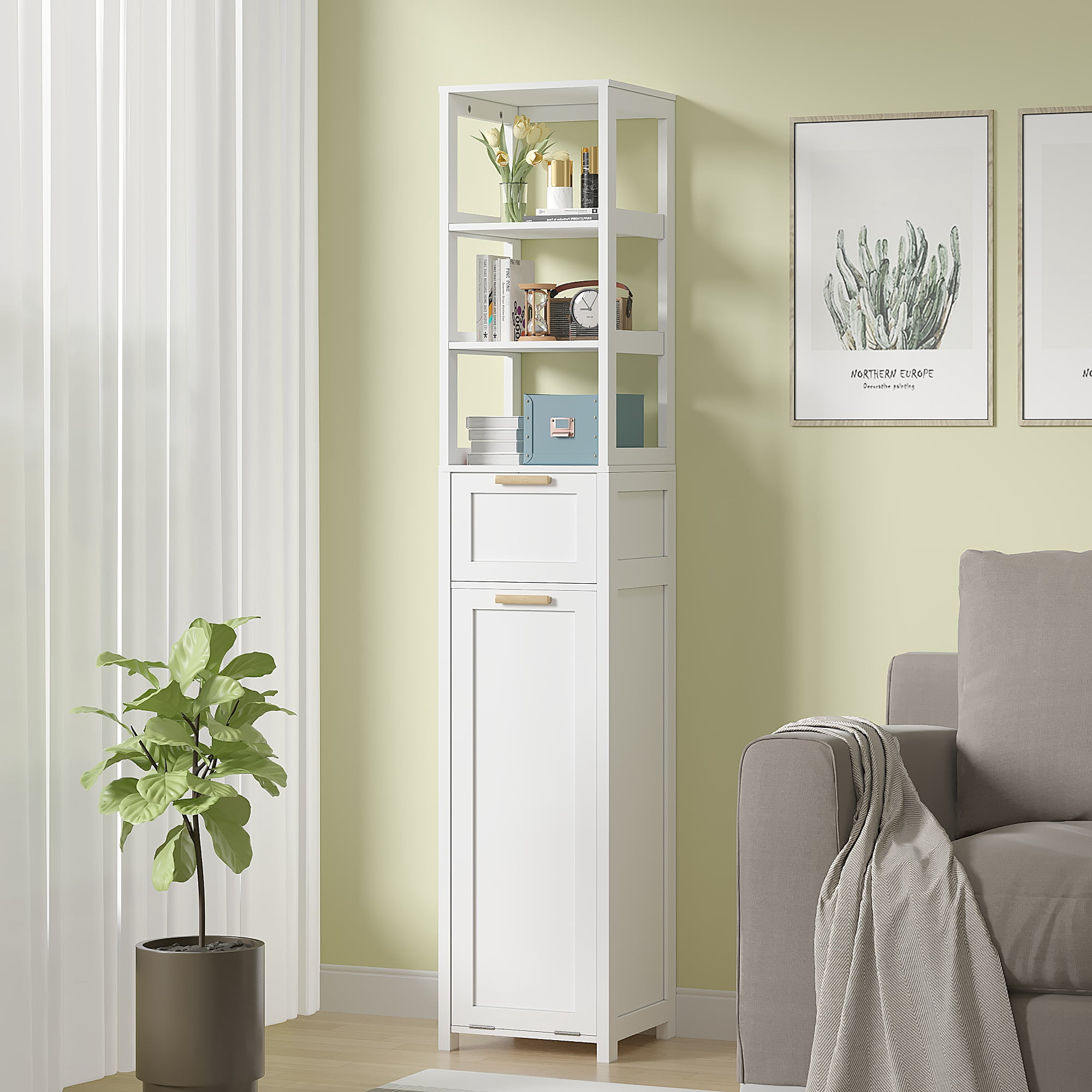 VECELO 66.9 Inch Tall Tilt Out Laundry Hamper Cabinet with Adjustable Shelves for Bathroom, Storage Organizer with Removable Laundry Basket for Laundry Room