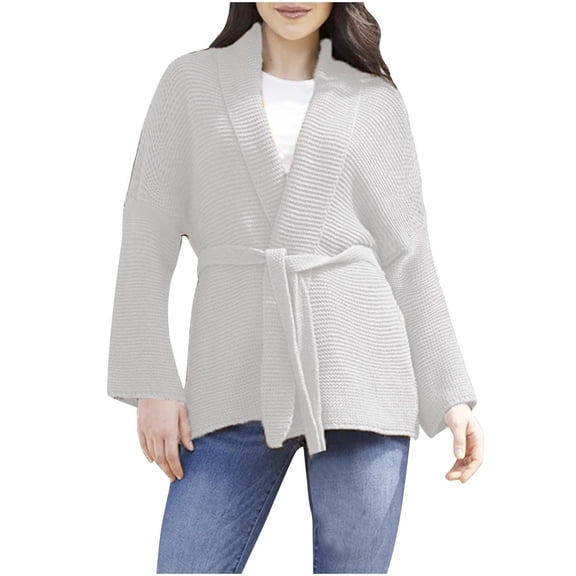 UAMVSH Cardigan Sweaters for Women Trendy Shawl Collar Open Front Cable Knitted Coats Long Sleeve Kimono Outerwear with Belt(X-Large,White)