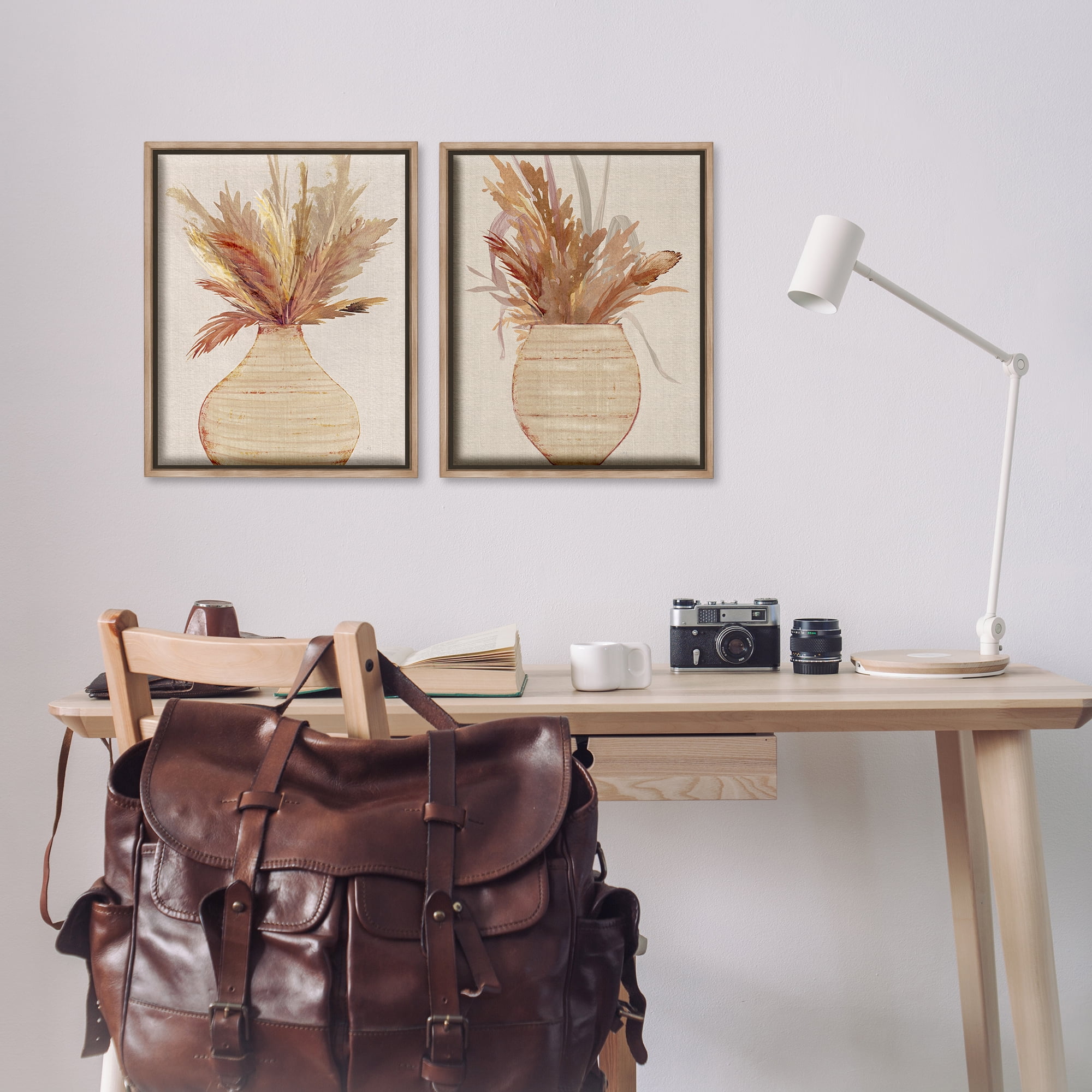 Stupell Industries Potted Feather Pampas Plants & Flowers Painting Brown Floater Framed Canvas Art Print Wall Art, 17 x 21, Set of 2