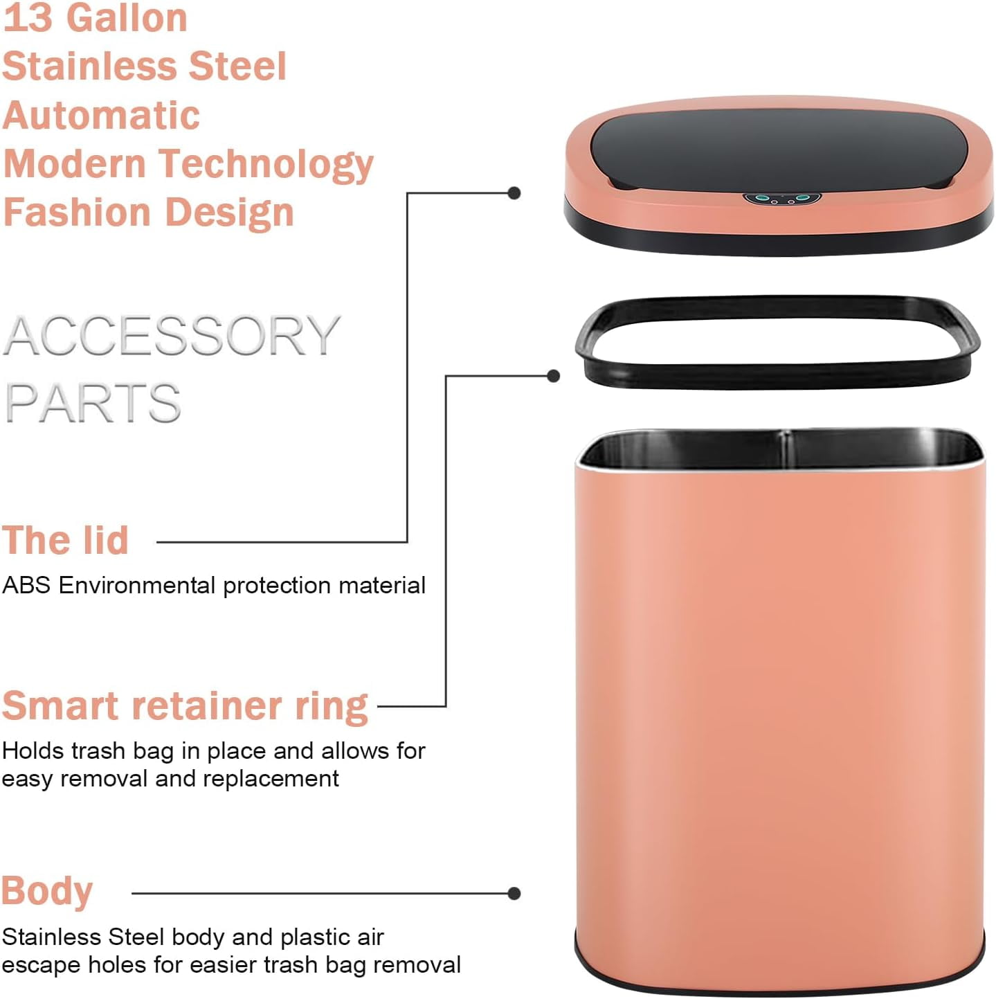 BIQWBIC 13 Gallon Automatic Trash Can, Touchless Stainless Steel Kitchen Garbage Can, Pink