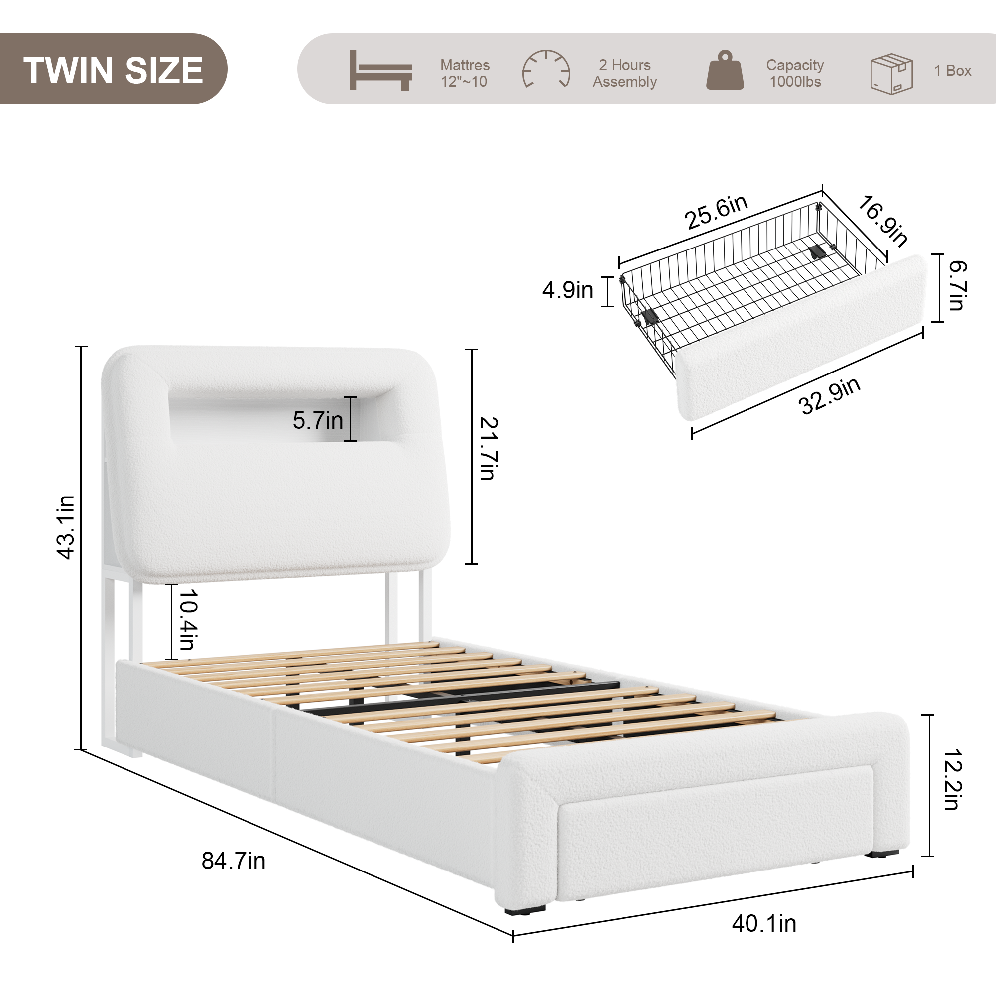 Gewnee Twin Size Bed Frame with Charging Ports & Under-Bed Storage Drawers, Solid Wood Slat Support with Center Leg, Easy Assembly