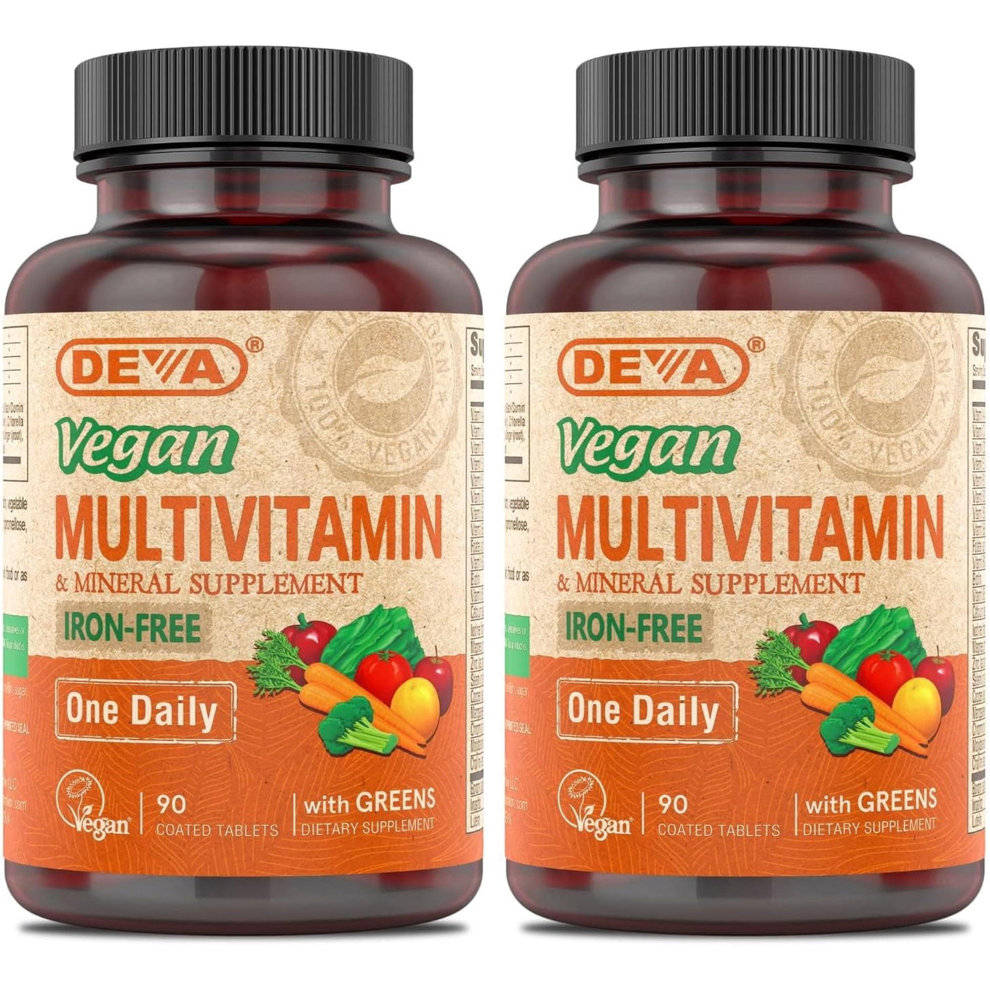 DEVA Vegan Multivitamin and Mineral Supplement - One Daily Vitamin Formula with Greens - Iron Free - 90 Coated Tablets (Pack of 2)