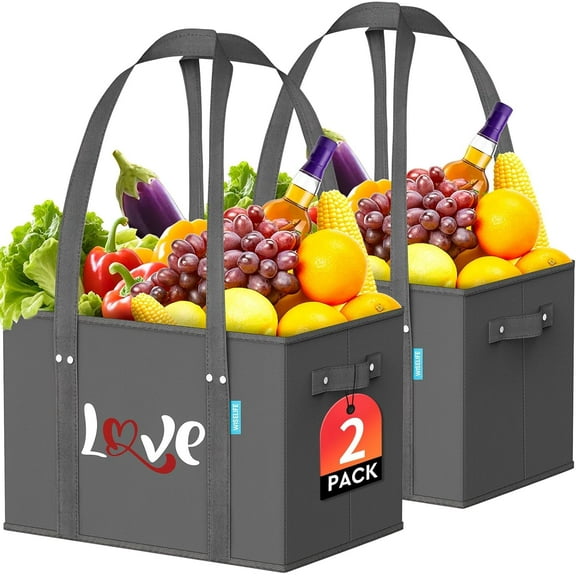 AUR Reusable Grocery Bags Heavy Duty Foldable Shopping Tote Bags with Handles & Reinforced Bottom to Stand Up Stay Open 2 Pack