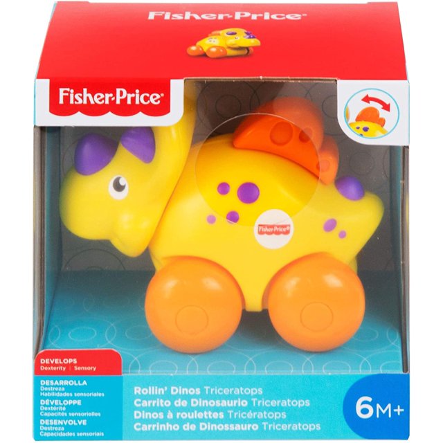 carrito de dinosaurio fisher price triceratops amarillo, juguete en caja con cabeza Clicker y placa deslizante; figura de plástico amarillo con manchas moradas, ojos pintados, pieza naranja sobre la cabeza y ruedas naranjas, logo Fisher-Price en el costado, medidas de caja 14 cm alto x 9 cm largo x 14 cm ancho, recomendado 6M+.