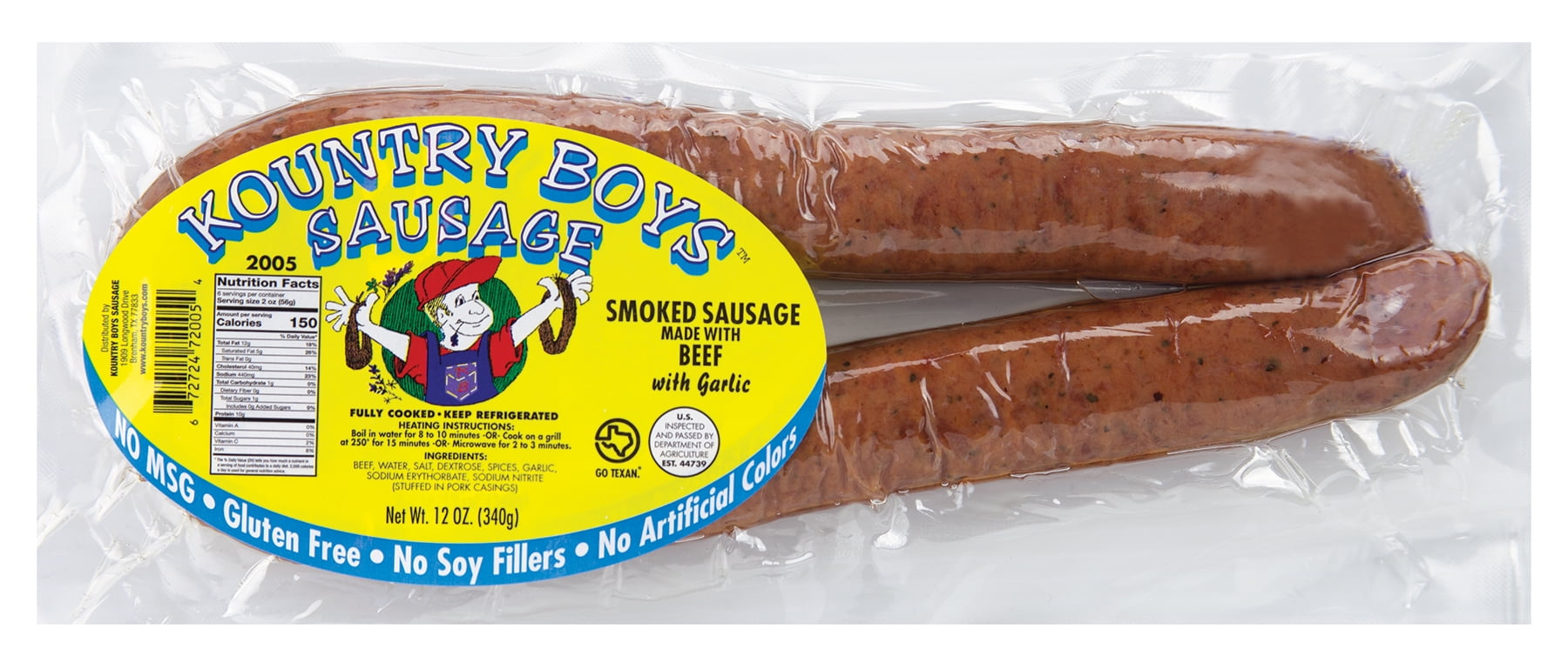 Kountry Boys Sausage Smoked Beef Sausage with Garlic, 12 Oz