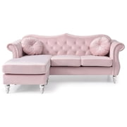 Hollywood 81 in. Pink Velvet Chesterfield Sectional Sofa with 2-Throw Pillow-Color:Pink,Material:Velvet