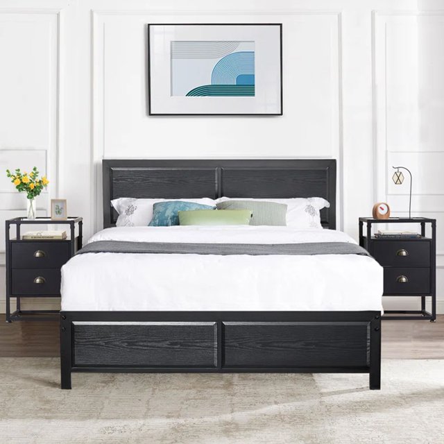 VECELO 3Piece Bedroom Set Includes Queen Platform Bed Frame and Glass