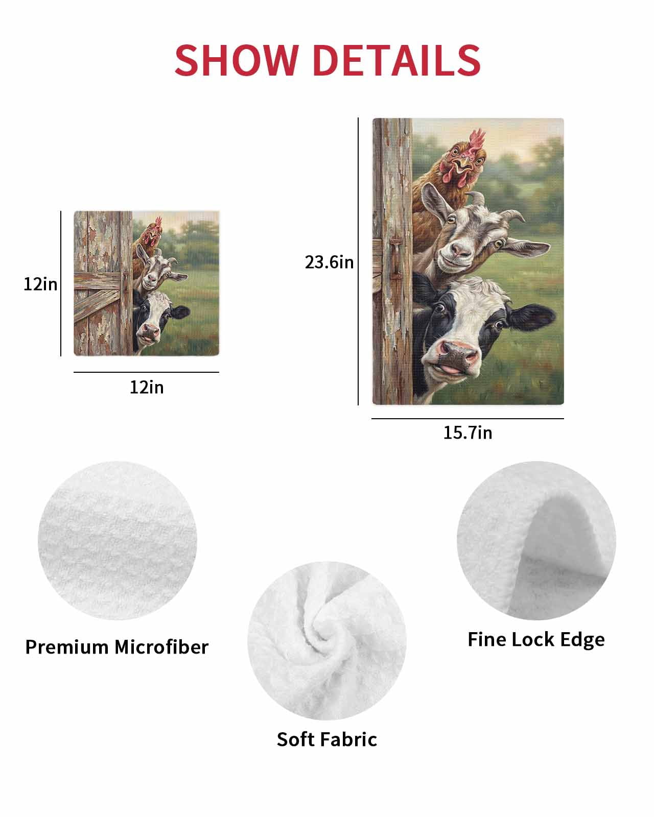 Farmhouse Animals Kitchen Dish Towels for Drying Dishes Set of 4, Country Cows Sheeps Roosters Farm Waffle Weave Microfiber Hand Tea Bathroom Towels Quick Dry & Absorbent Towel 15.7x23.6