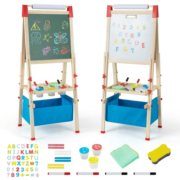 Costway 3-in-1 Kids Art Easel Double-Sided Wooden Adjustable Magnetic Drawing Board