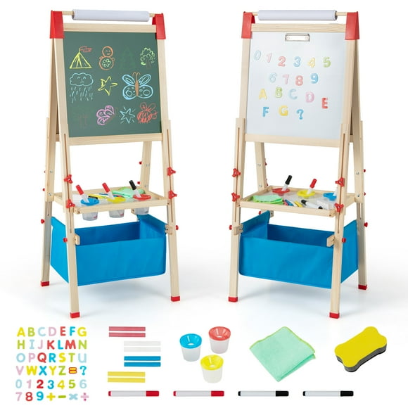 Costway 3-in-1 Kids Art Easel Double-Sided Wooden Adjustable Magnetic Drawing Board