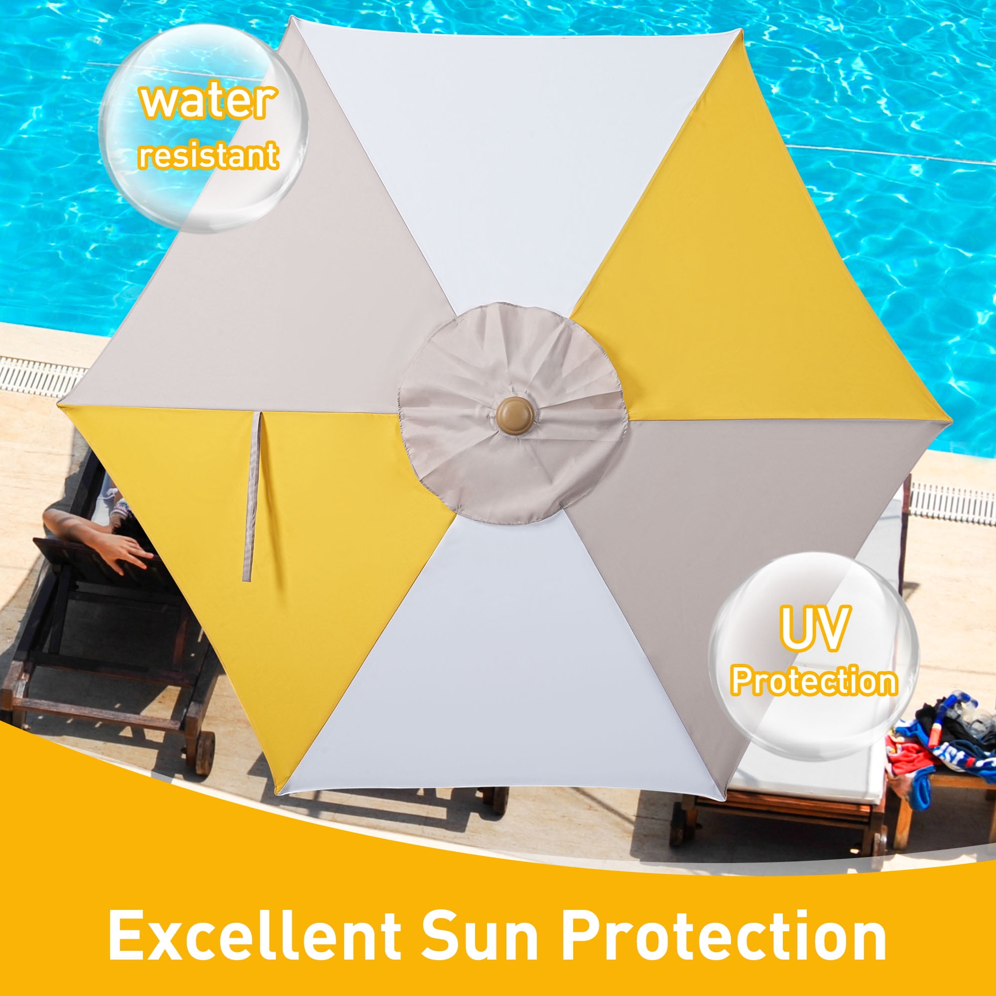 Autlaycil 7.5ft Yellow/Khaki/White Patio Umbrella with Button Tilt UV Protection for Beach, Pool, Garden, Yard