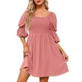 thumbnail image 5 of Babysbule Dresses For Women Ladies Solid Casual Square Neck Puff 3/4 Sleeve Smocked Chest Off Shoulder Babydoll Mini Short Dress, 5 of 9