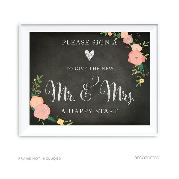 Sign Heart, Give Couple A Happy Start Chalkboard & Floral Roses Wedding Party Signs