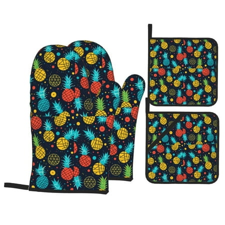 

Oven Mitts and Pot Holders 4 pcs Set Colorful Pineapple Heat Resistant Pot Holders Oven Mitts for kitchen Non-Slip Hanging Loop Oven Glove Potholders for Baking Cooking