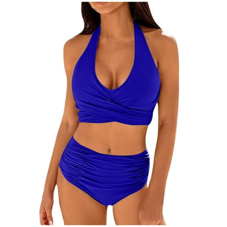 2025 Women High Waisted Bikini Sets Ruched Tummy Control Swimsuits Cute Cheeky Halter Two Piece Bathing Suit