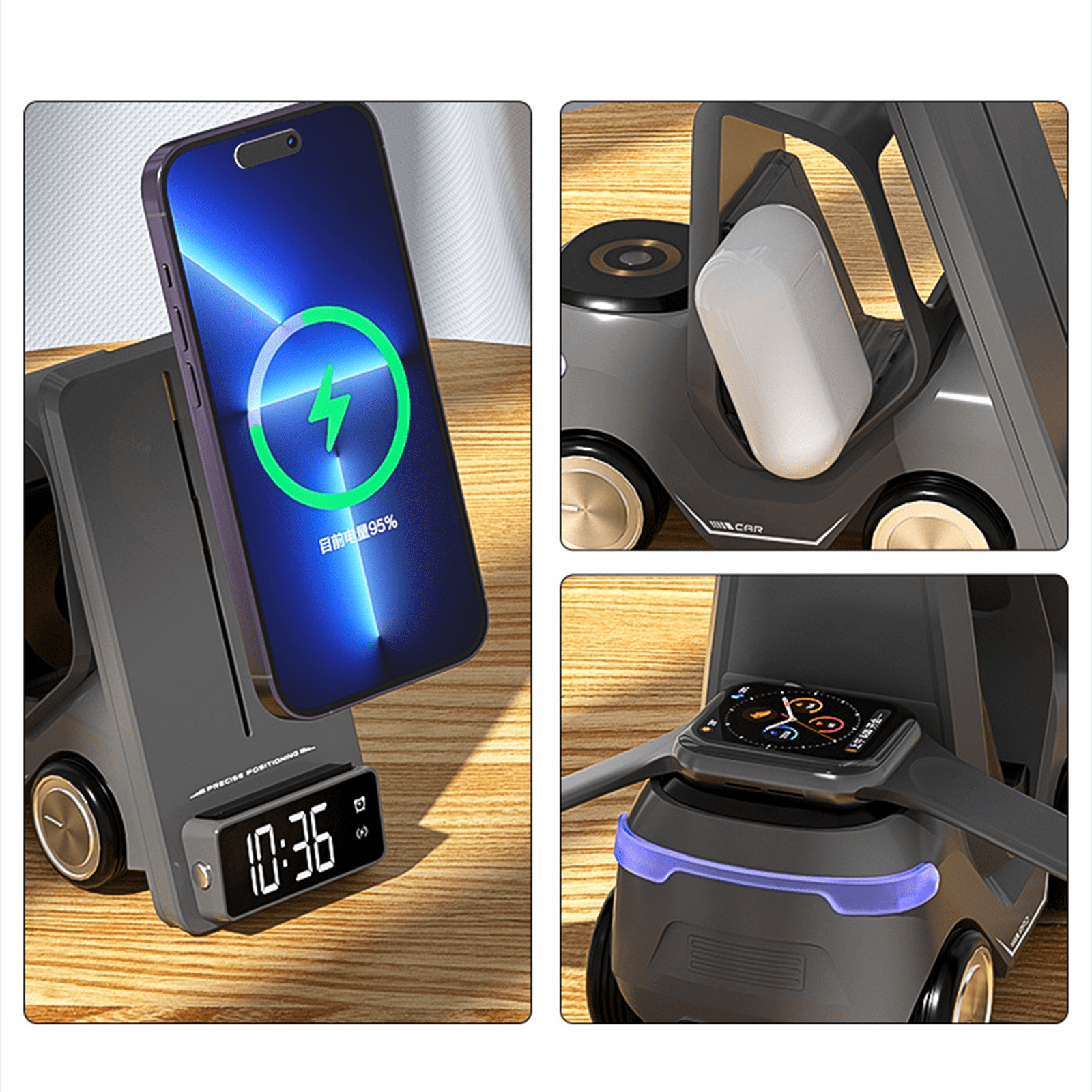 4 in 1 Wireless Charging Station Alarm Clock, Charging Dock for Apple Devices, Charger Stand for iPhone 16 15 14 13 12 11 Pro Max for Apple Watch & AirPods