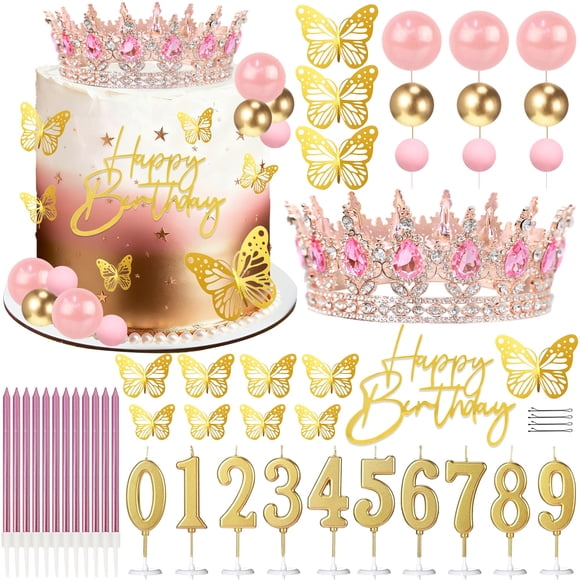Topper para pastel SUTROMA Kit Corona Rosa Dorado con Mariposas