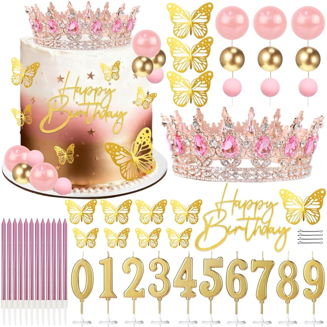 Topper para pastel SUTROMA Kit Corona Rosa Dorado con Mariposas