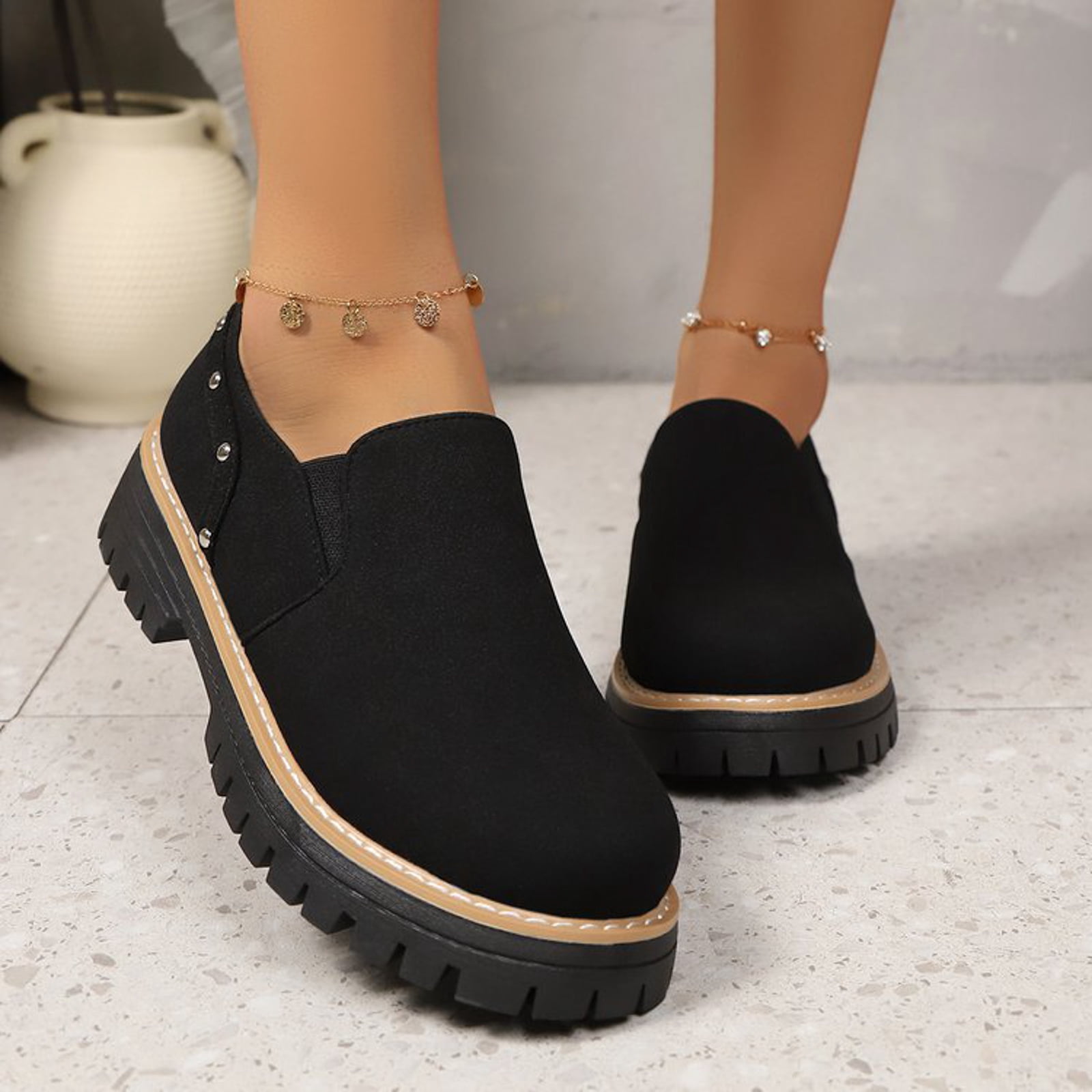Fashion Studded Suede Loafers for Women Comfortable Wide Toe Box Non Slip Dress Shoes Lightweight Slip On Casual Shoes Black Size 8