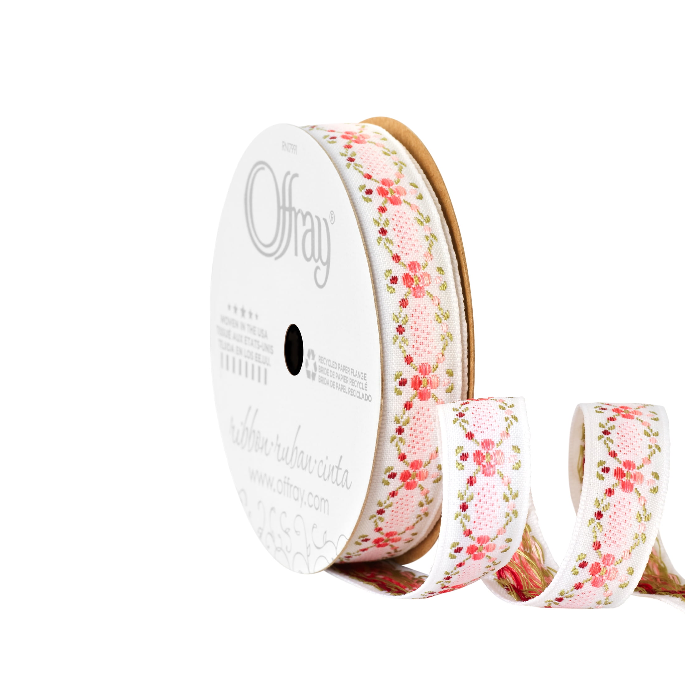 Offray Ribbon, White 5/8 inch Rose Jacquard Ribbon, 9 feet