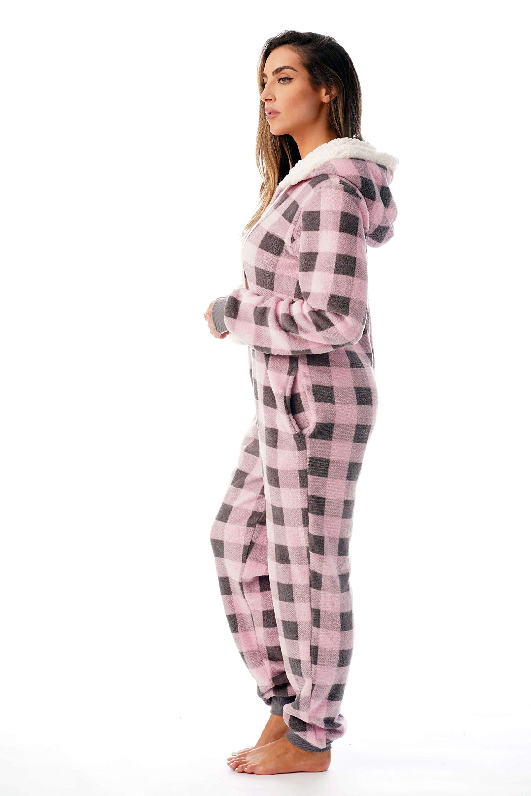 Just Love Buffalo Plaid Adult Onesie Sherpa Lined Hoody One Piece Pajamas (Pink Buffalo Plaid, X-Small)