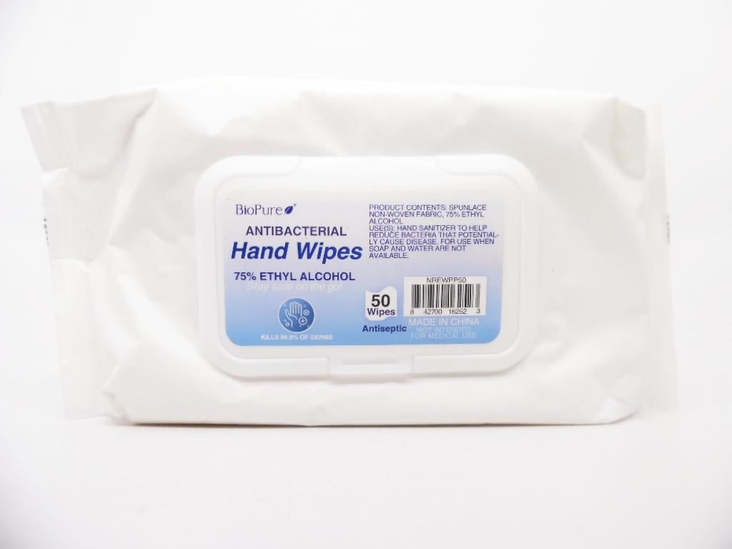 BioPure Antibacterial Hand Wipes, 75 Ethyl Alcohol, Antiseptic, 50