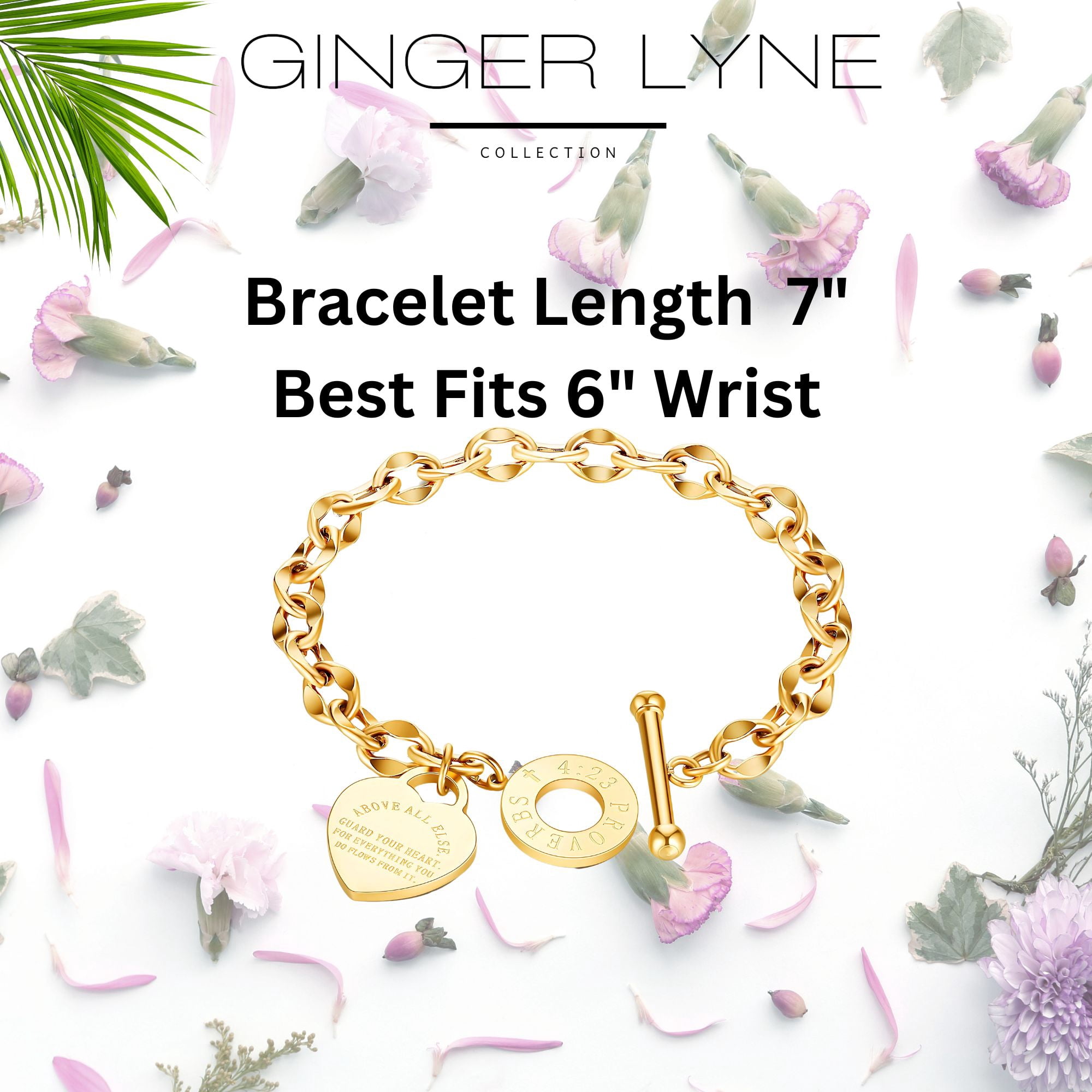Toggle Clasp Link Bracelet for Women Heart Charm Stainless Steel 7" Fits 6" Wrist Ginger Lyne