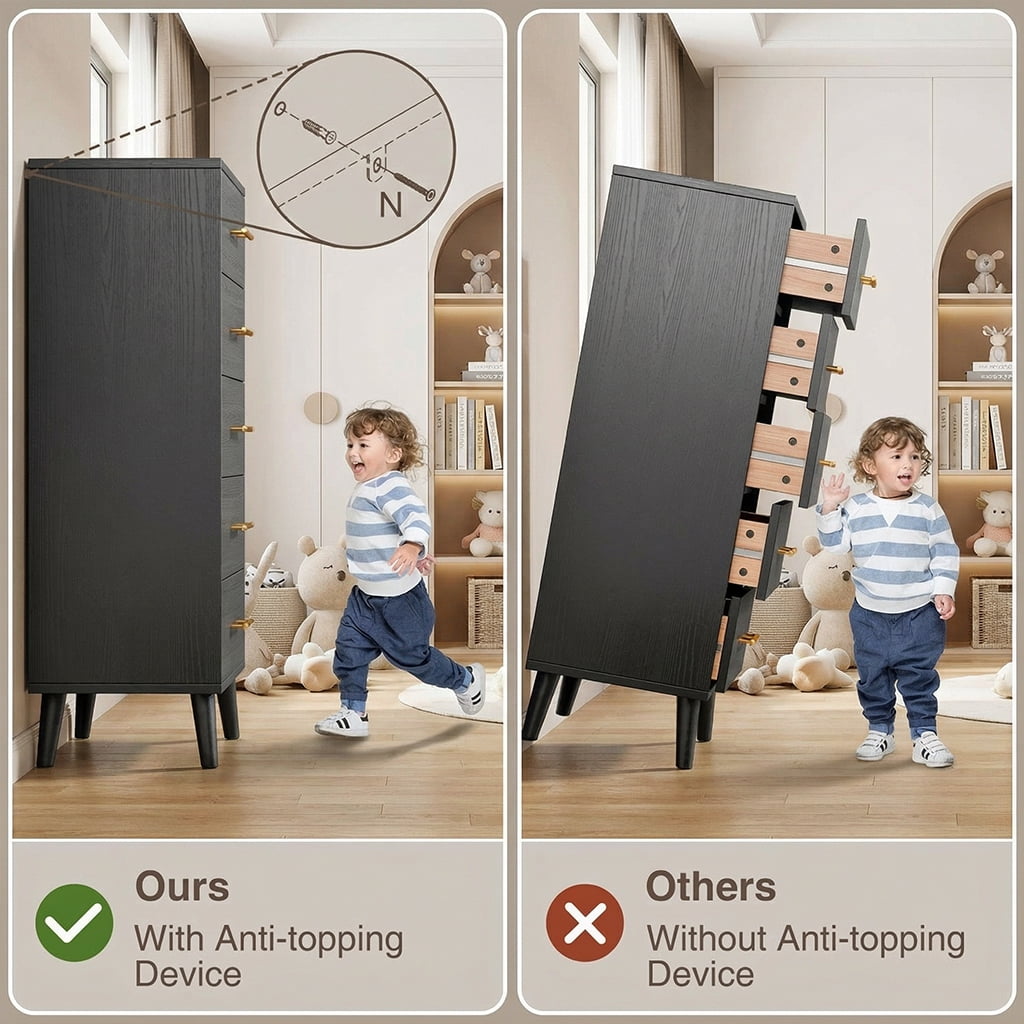 Queen Bed Frame & Storage Combo, Upholstered Platform Bed Frame with 4 Wood Dressers (2, 5, 8 Drawers), Dark Gray & Black