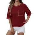 thumbnail image 1 of VSSSJ Womens T-Shirt Short Sleeve Drop Shoulder Solid Round Neckline Textured Waffle Relaxed Fit Pocket Summer Shirts Wine L, 1 of 7
