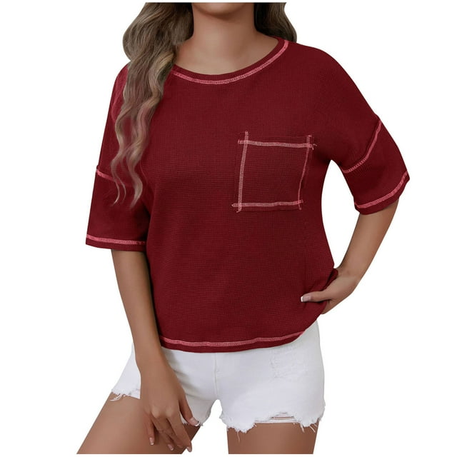 VSSSJ T-Shirt pour Femmes Manches Courtes Épaules Tombantes Col Rond Uni Texturé Coupe Décontractée avec Poche Chemises d'Été Vin G