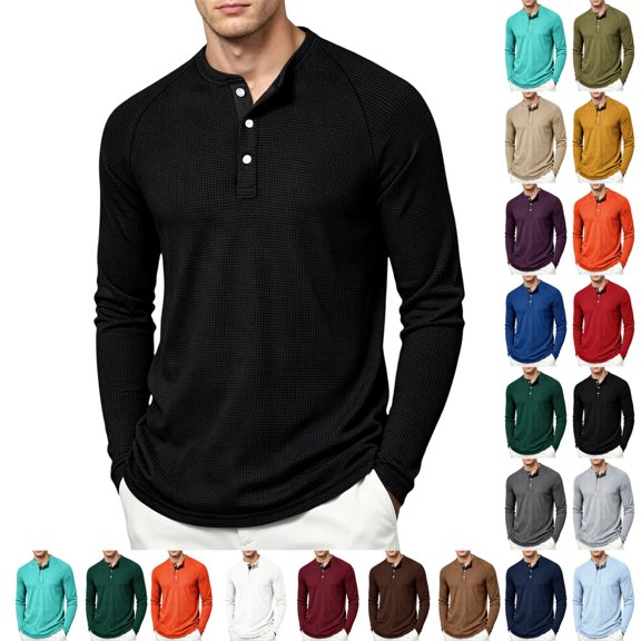 UDAUDU Mens Long Sleeve Tops Henley Shirts Waffle Lightweight Basic Thermal Shirts Slim Fit Fall Winter Button Down Casual Pullover Black XL