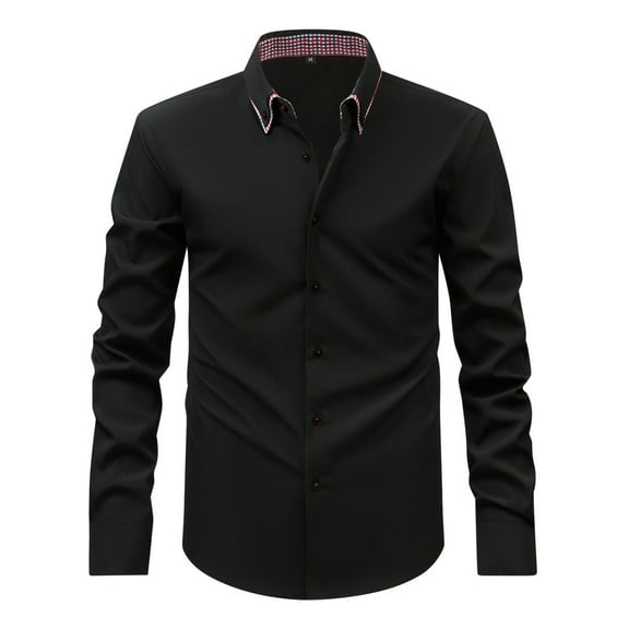 Mens Long Sleeve Shirt Solid Color Two Collar Shirt Stretch Business Casual Stand Collar Shirt Top Black L